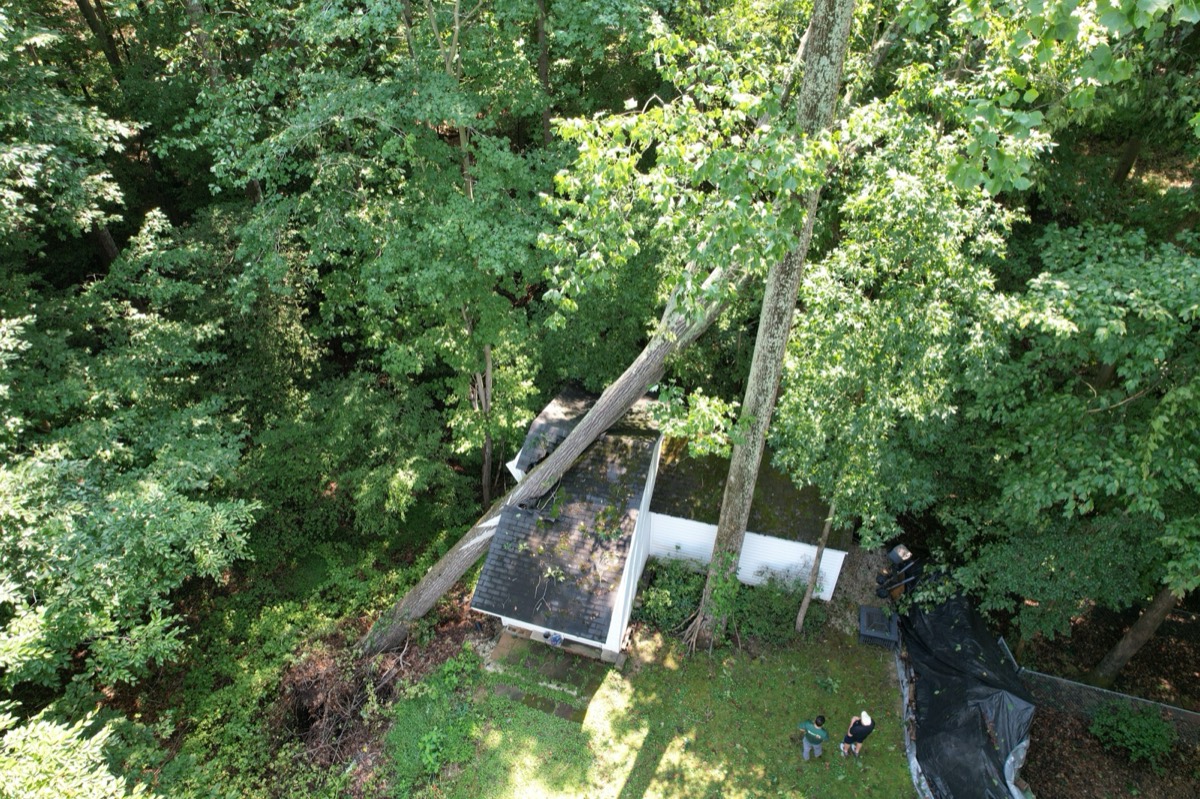 Drone view of storm damage - tree fallen on house roof